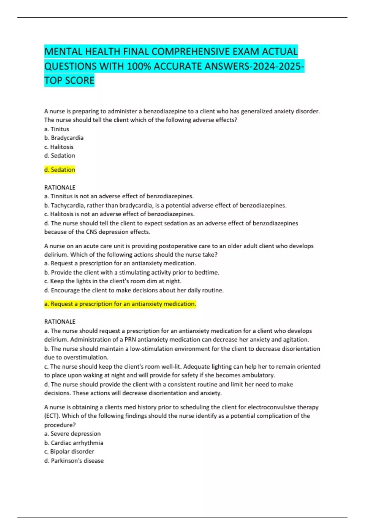 MENTAL HEALTH FINAL COMPREHENSIVE EXAM ACTUAL QUESTIONS WITH 100% ...