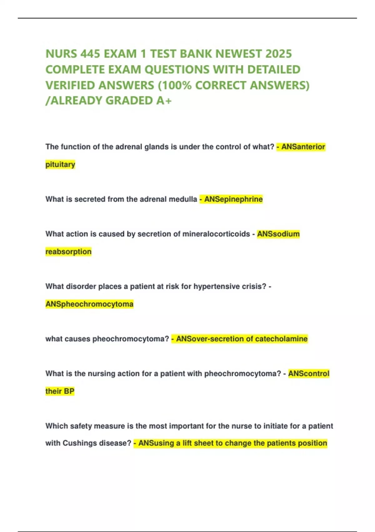 NURS 445 EXAM 1 TEST BANK NEWEST 2025 COMPLETE EXAM QUESTIONS WITH ...