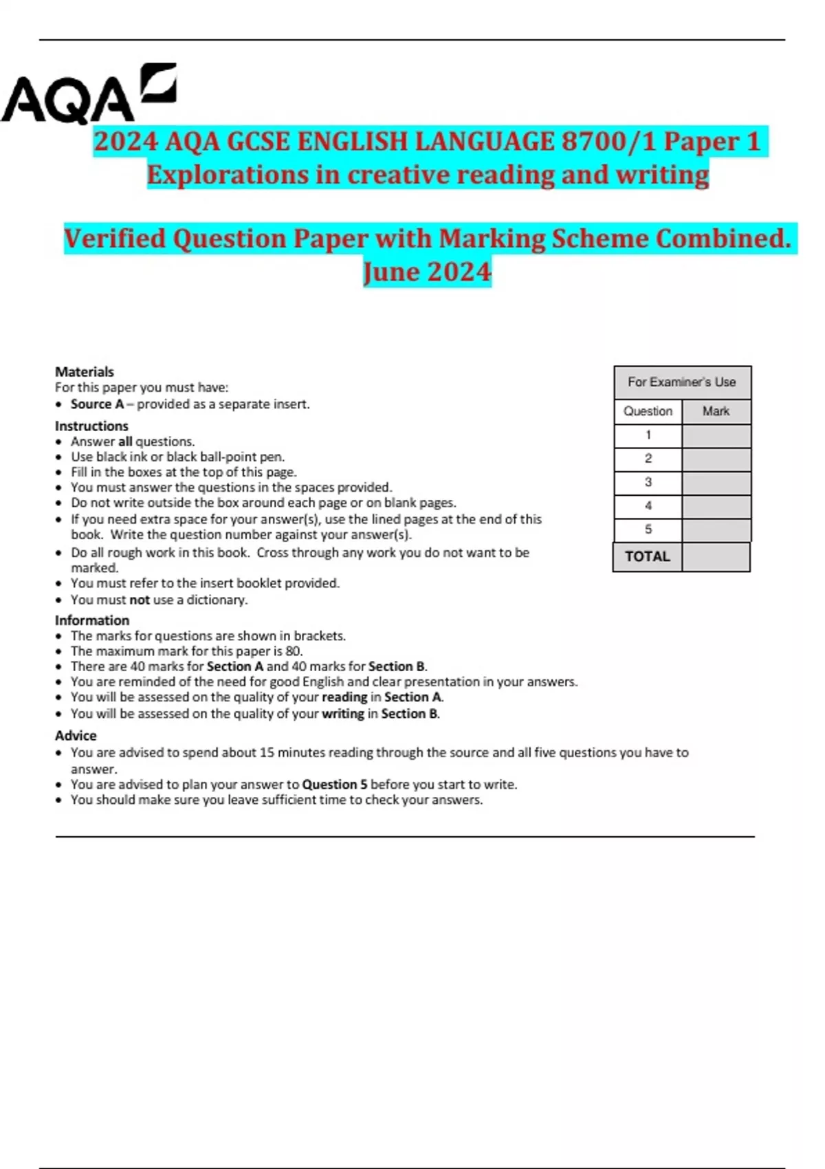 2024 AQA GCSE ENGLISH LANGUAGE 8700/1 Paper 1 Explorations in creative ...