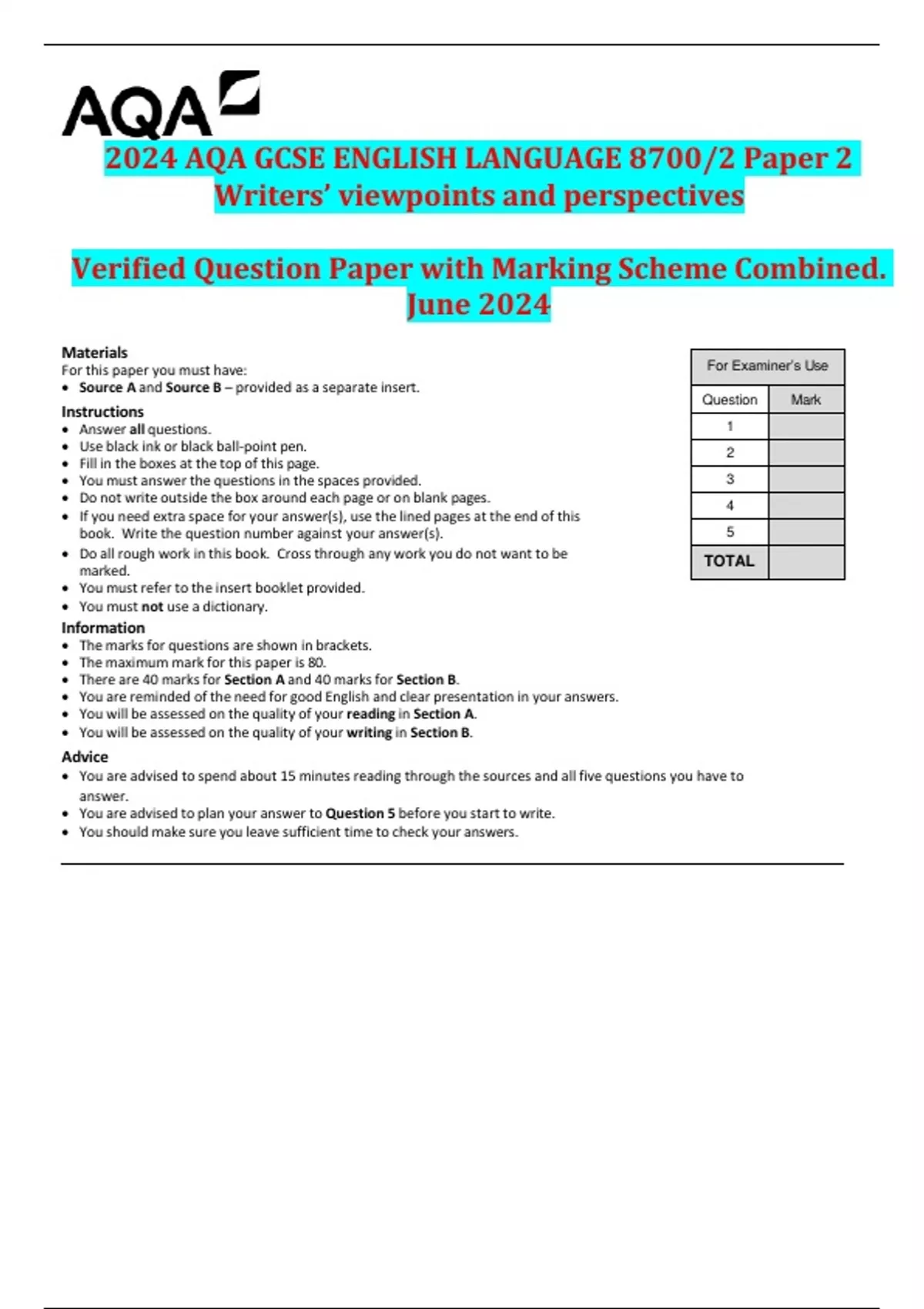 2024 AQA GCSE ENGLISH LANGUAGE 8700/2 Paper 2 Writers’ viewpoints and ...
