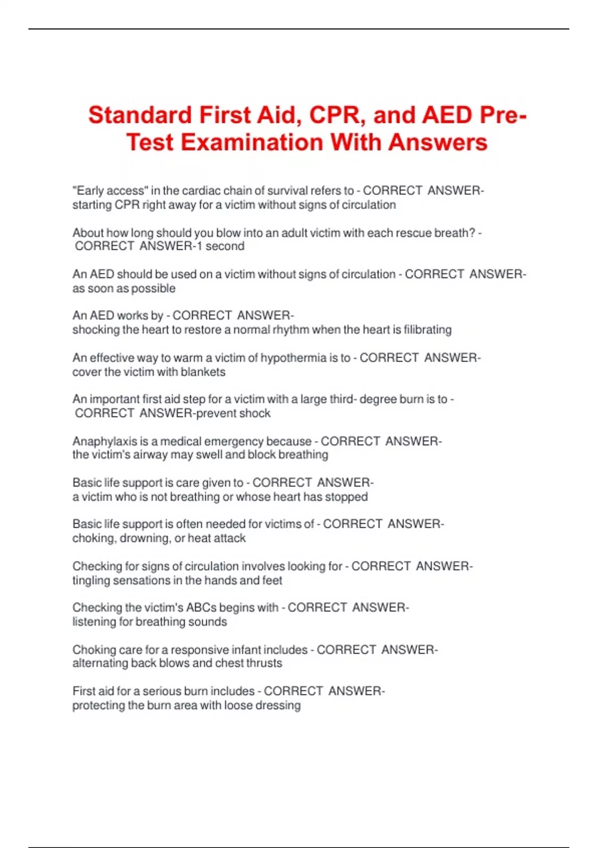 Standard First Aid, CPR, and AED Pre Test Examination With Answers ...