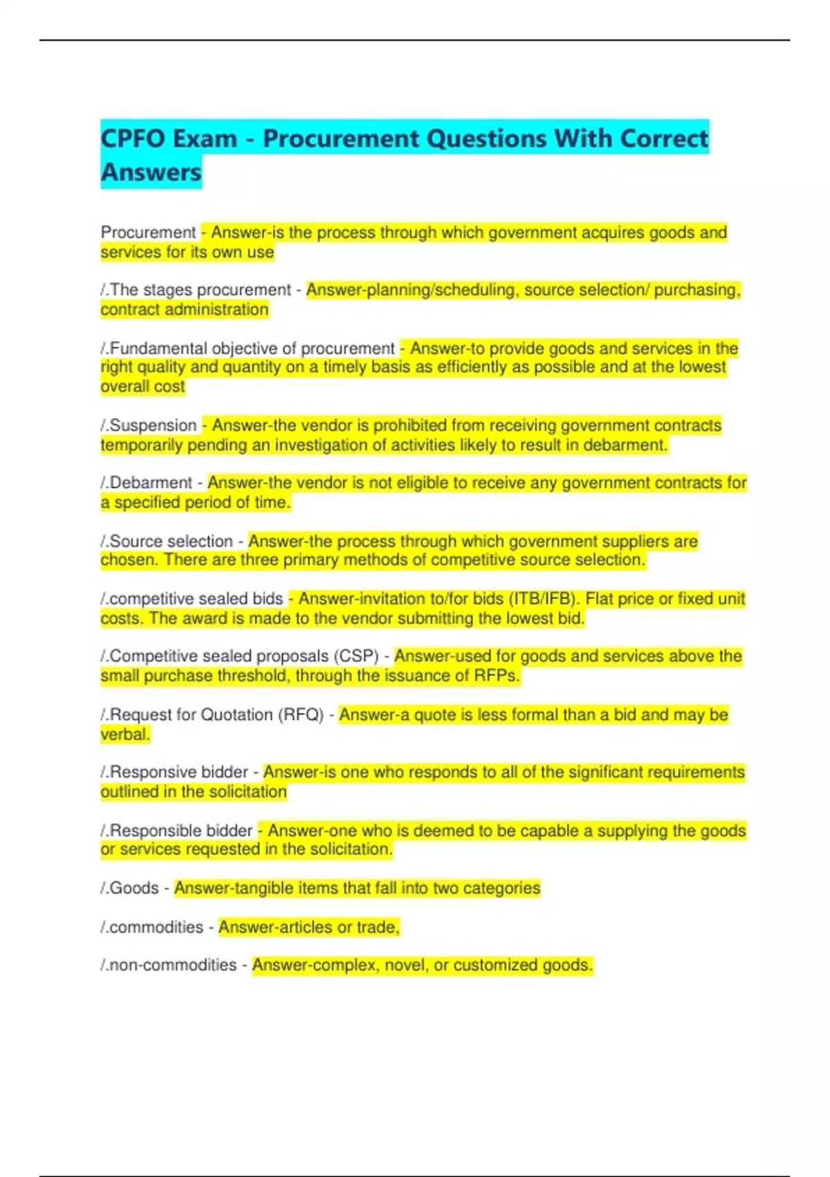 CPFO Exam - Procurement Questions With Correct Answers - CPFO - Stuvia US