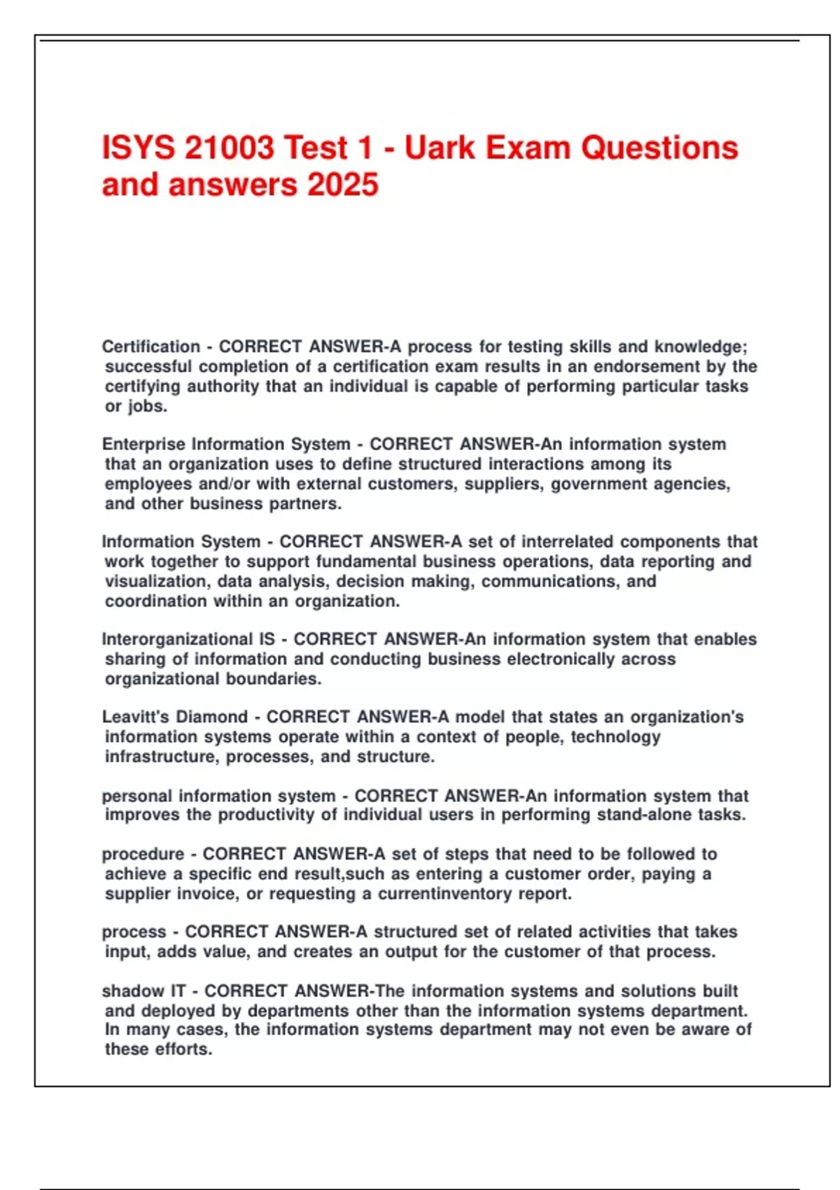 ISYS 21003 Test 1 - Uark Exam Questions and answers 2025. - UARK ISYS ...