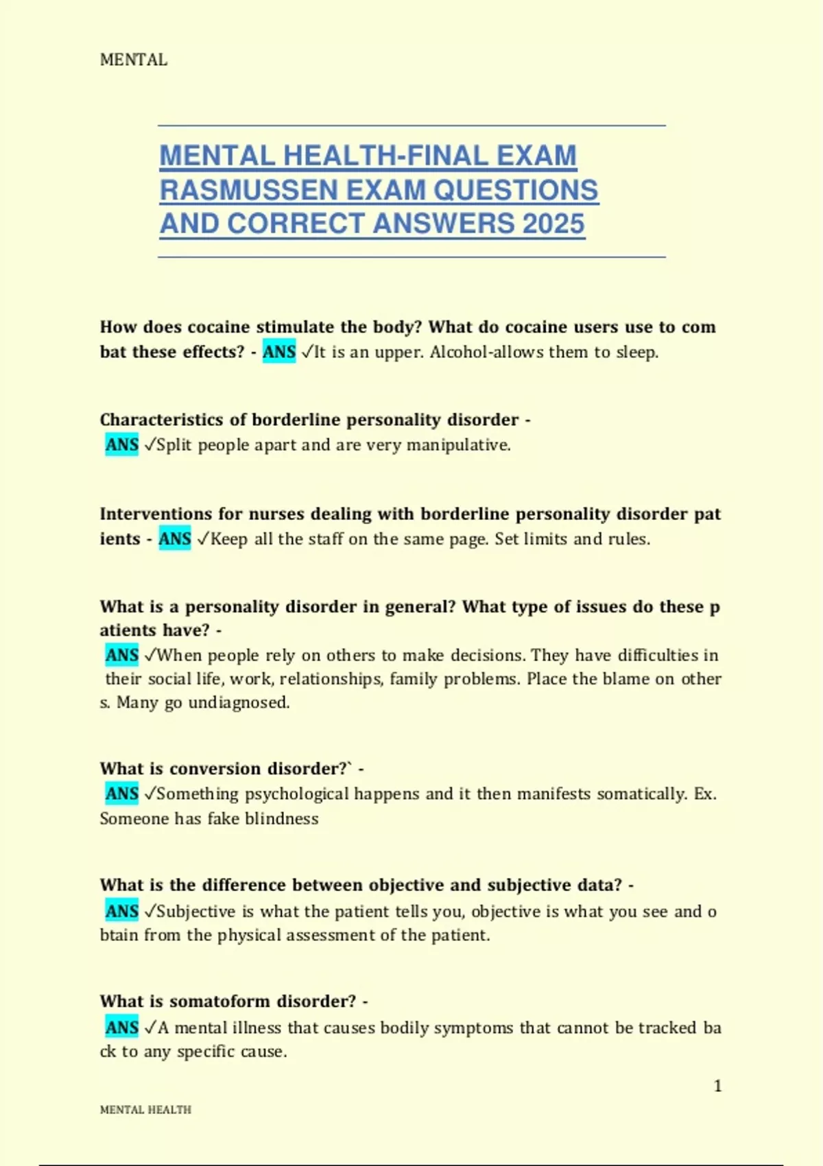 MENTAL HEALTH-FINAL EXAM RASMUSSEN EXAM QUESTIONS AND CORRECT ANSWERS ...