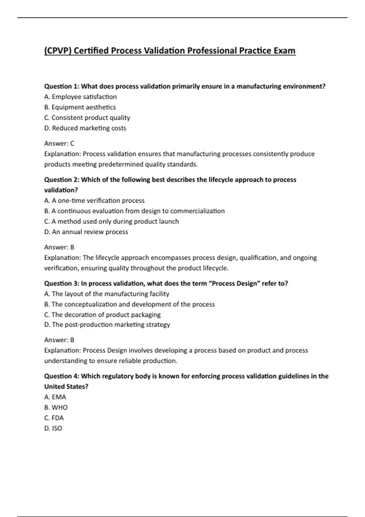 (CPVP) Certified Process Validation Professional Practice Exam ...