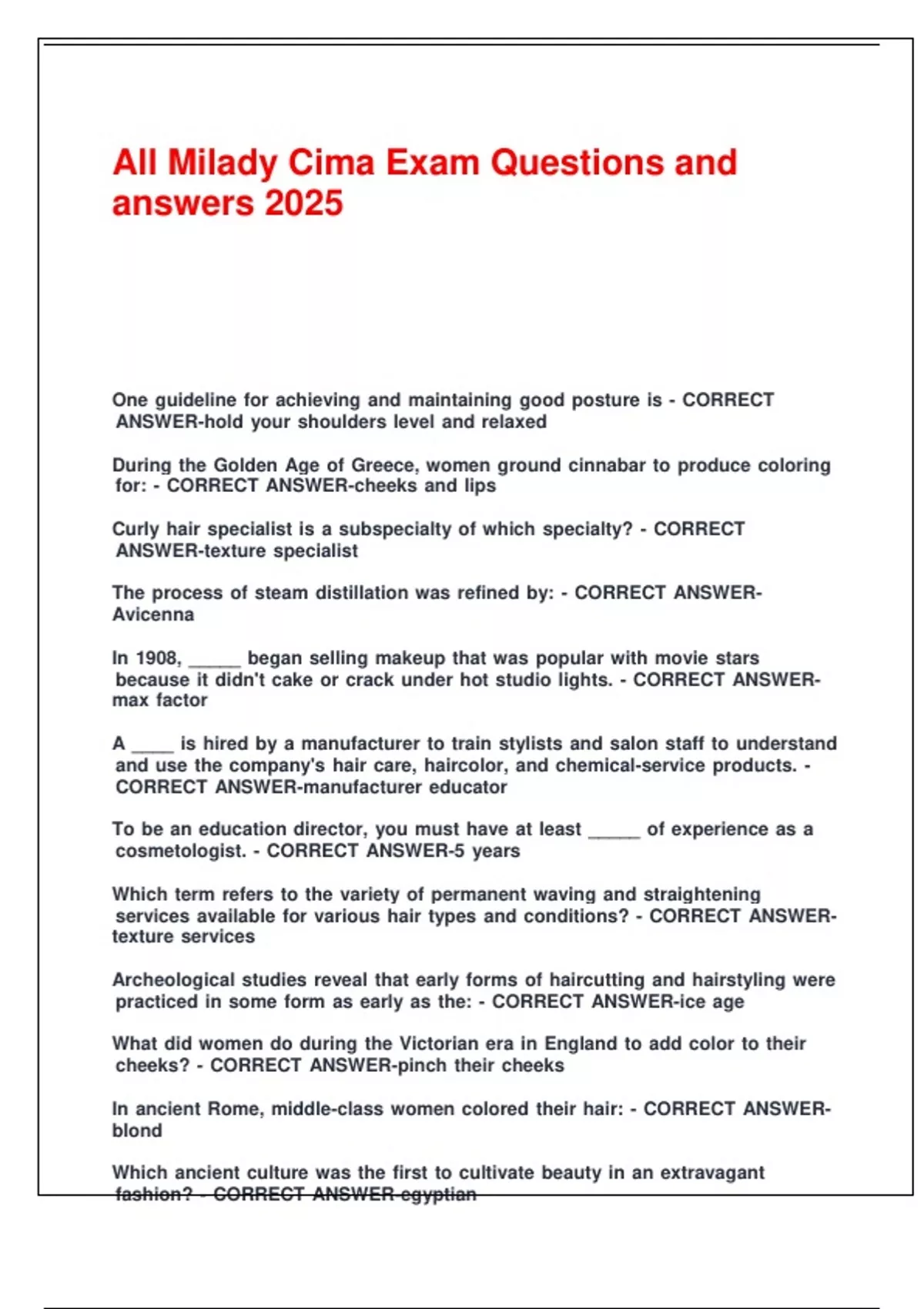 Example Cima Questions All Milady Cima Exam Questions and answers 2025. - Milady Cima - Stuvia US