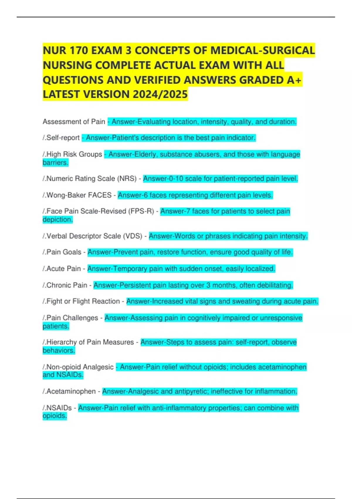 NUR 170 EXAM 3 CONCEPTS OF MEDICAL-SURGICAL NURSING COMPLETE ACTUAL ...