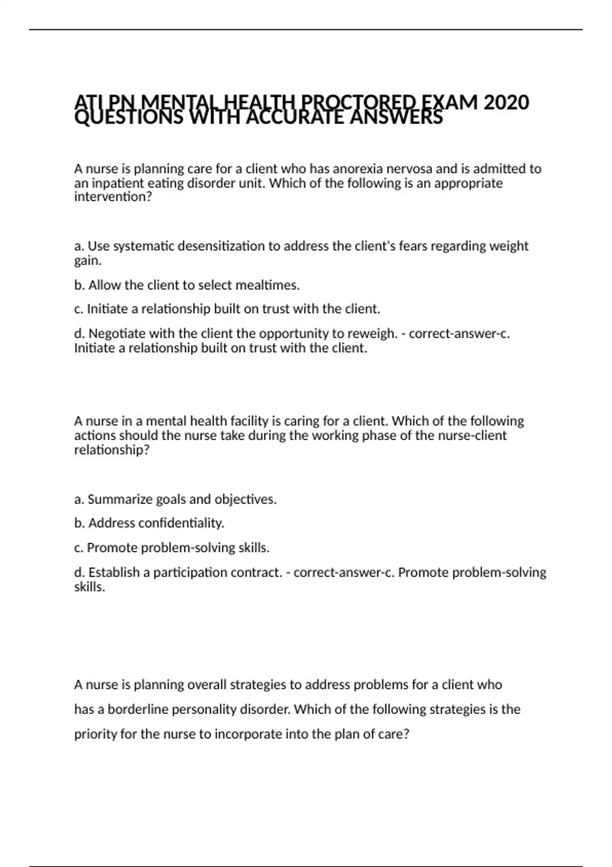 ATI PN MENTAL HEALTH PROCTORED EXAM 2020 QUESTIONS WITH ACCURATE ANSWERS - ATI PN MENTAL HEALTH ...