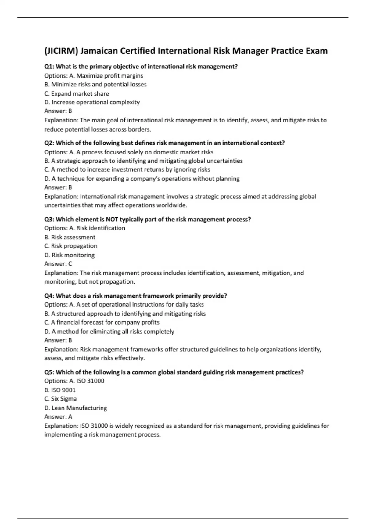 (JICIRM) Jamaican Certified International Risk Manager Practice Exam ...