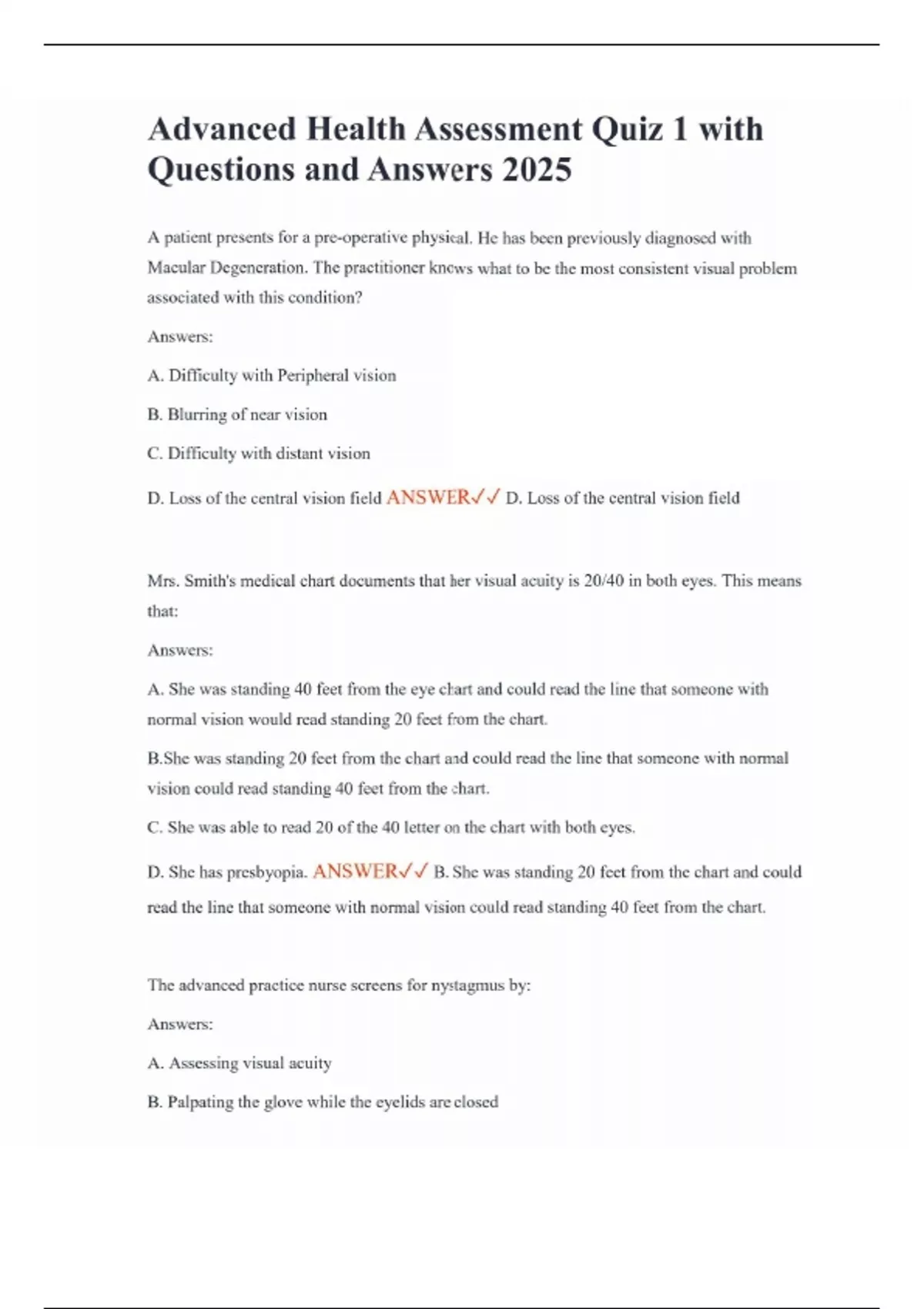 Advanced Health Assessment Quiz 1 with Questions and Answers 2025 ...