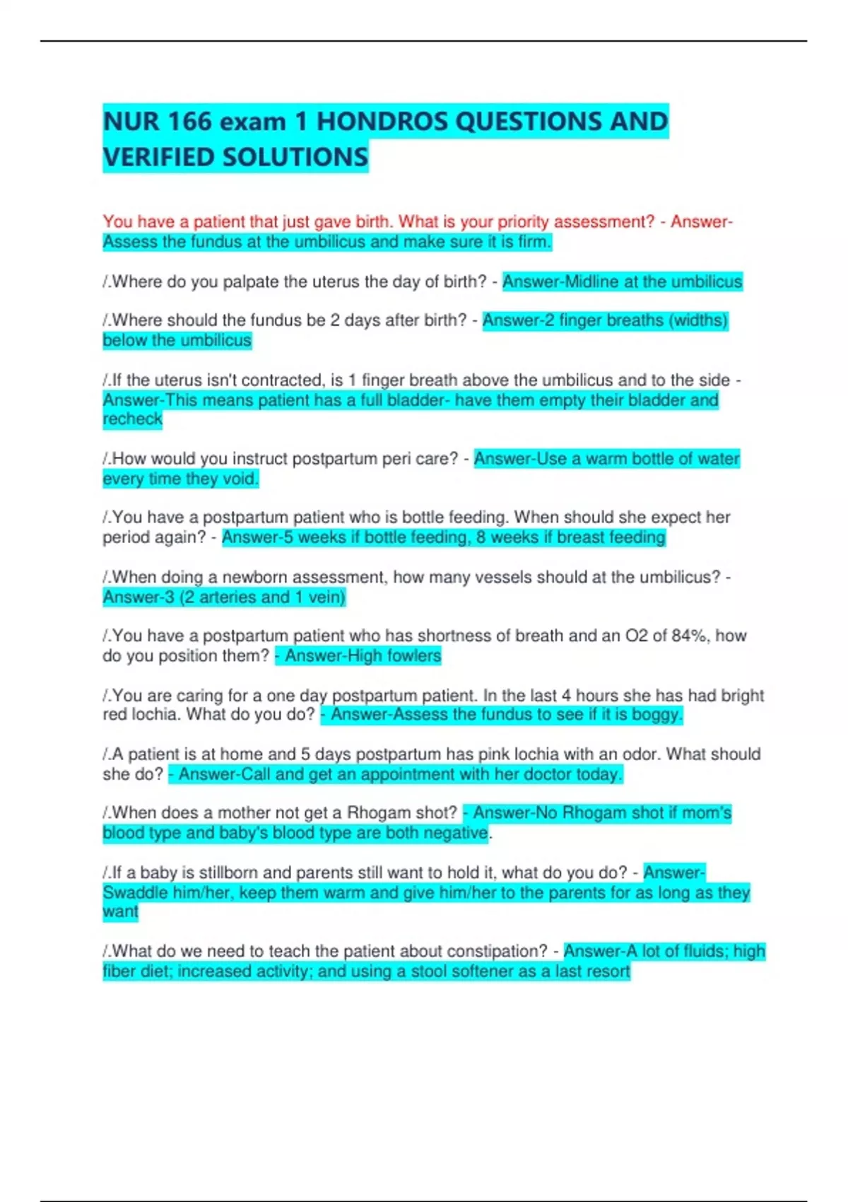 NUR 166 exam 1 HONDROS QUESTIONS AND VERIFIED SOLUTIONS - NUR 166 ...