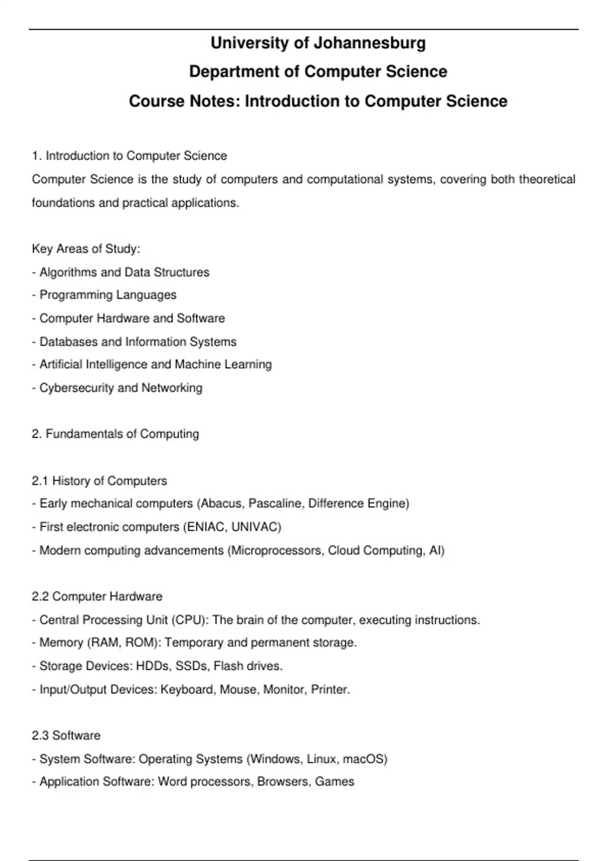 Introduction to Computer Science - Computer Science - Stuvia SA