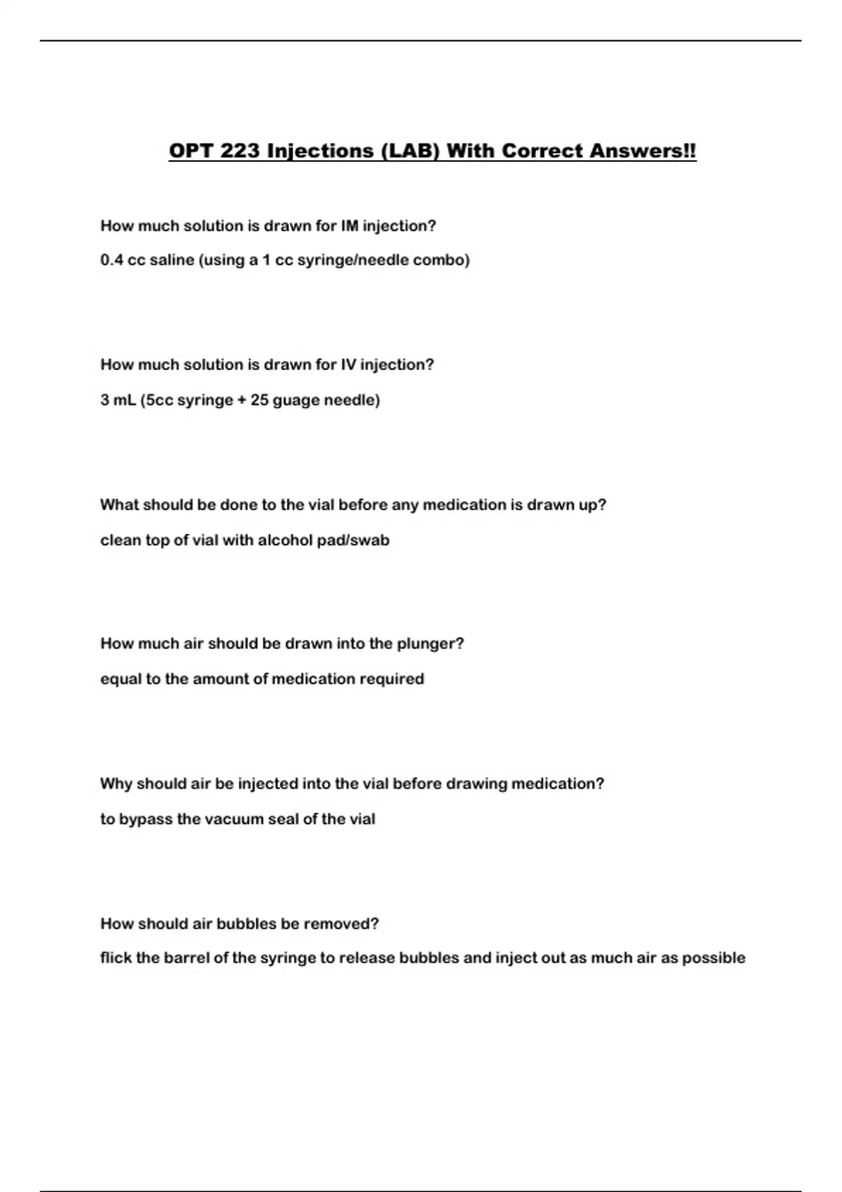 OPT 223 Injections (LAB) With Correct Answers!! - OPT 223 Injections ...
