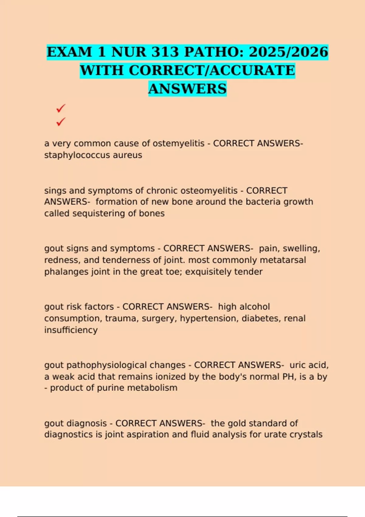 EXAM 1 NUR 313 PATHO: 2025/2026 WITH CORRECT/ACCURATE ANSWERS - NUR 313 ...