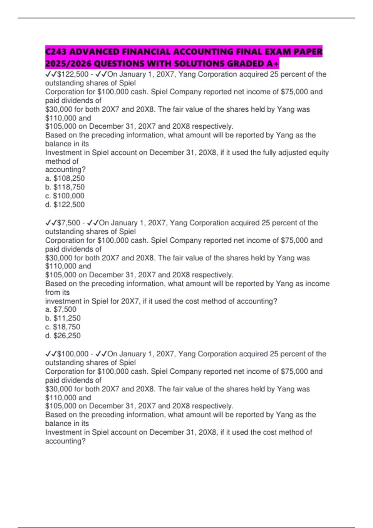 C243 ADVANCED FINANCIAL ACCOUNTING FINAL EXAM PAPER 2025/2026 QUESTIONS ...