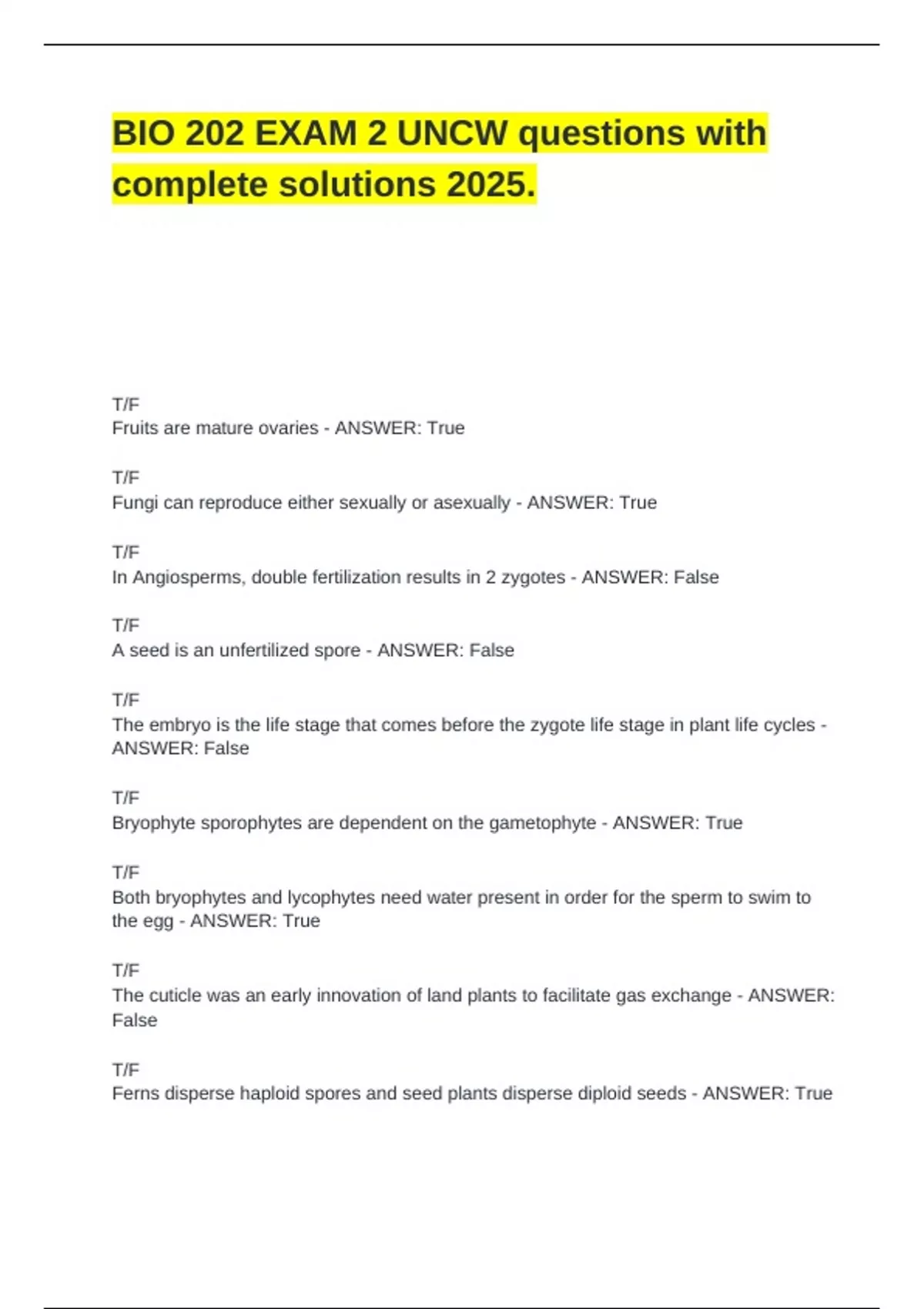 BIO 202 EXAM 2 UNCW questions with complete solutions 2025 - BIO 202 ...