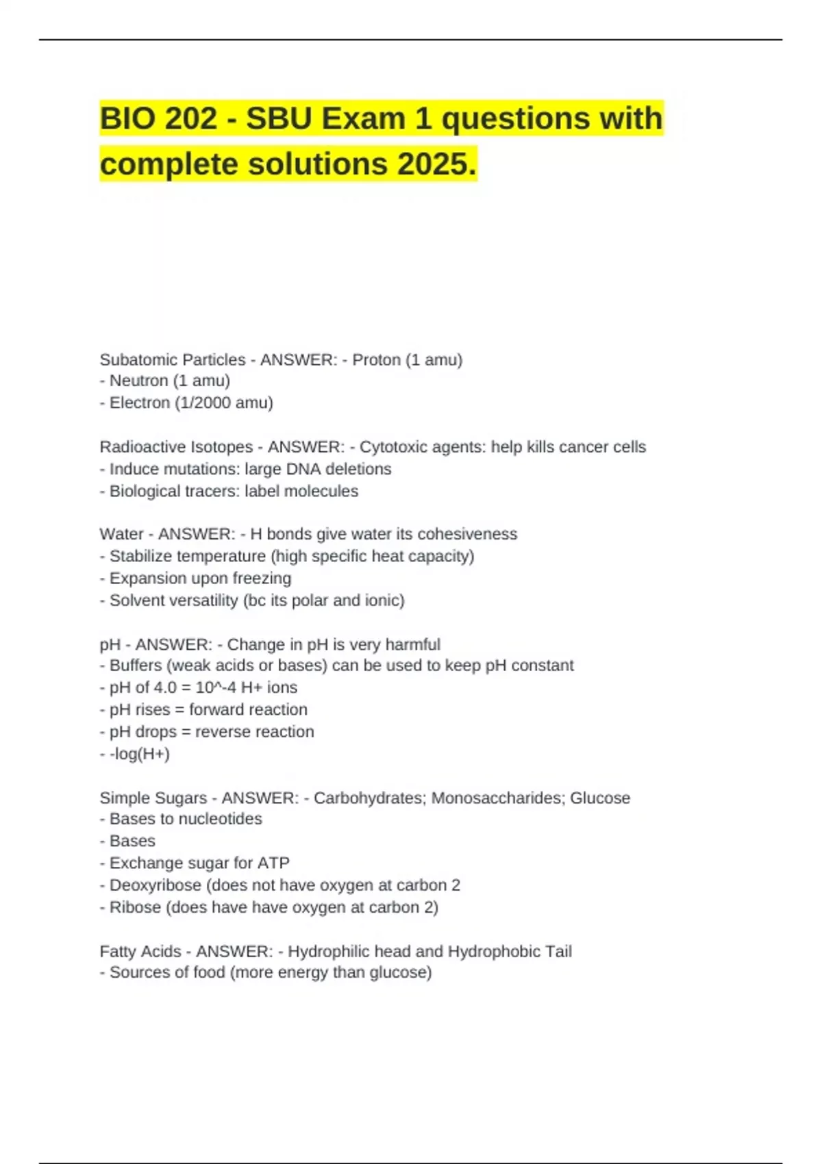 Bio 202 Sbu Exam 1 Questions With Complete Solutions 2025 Bio 202