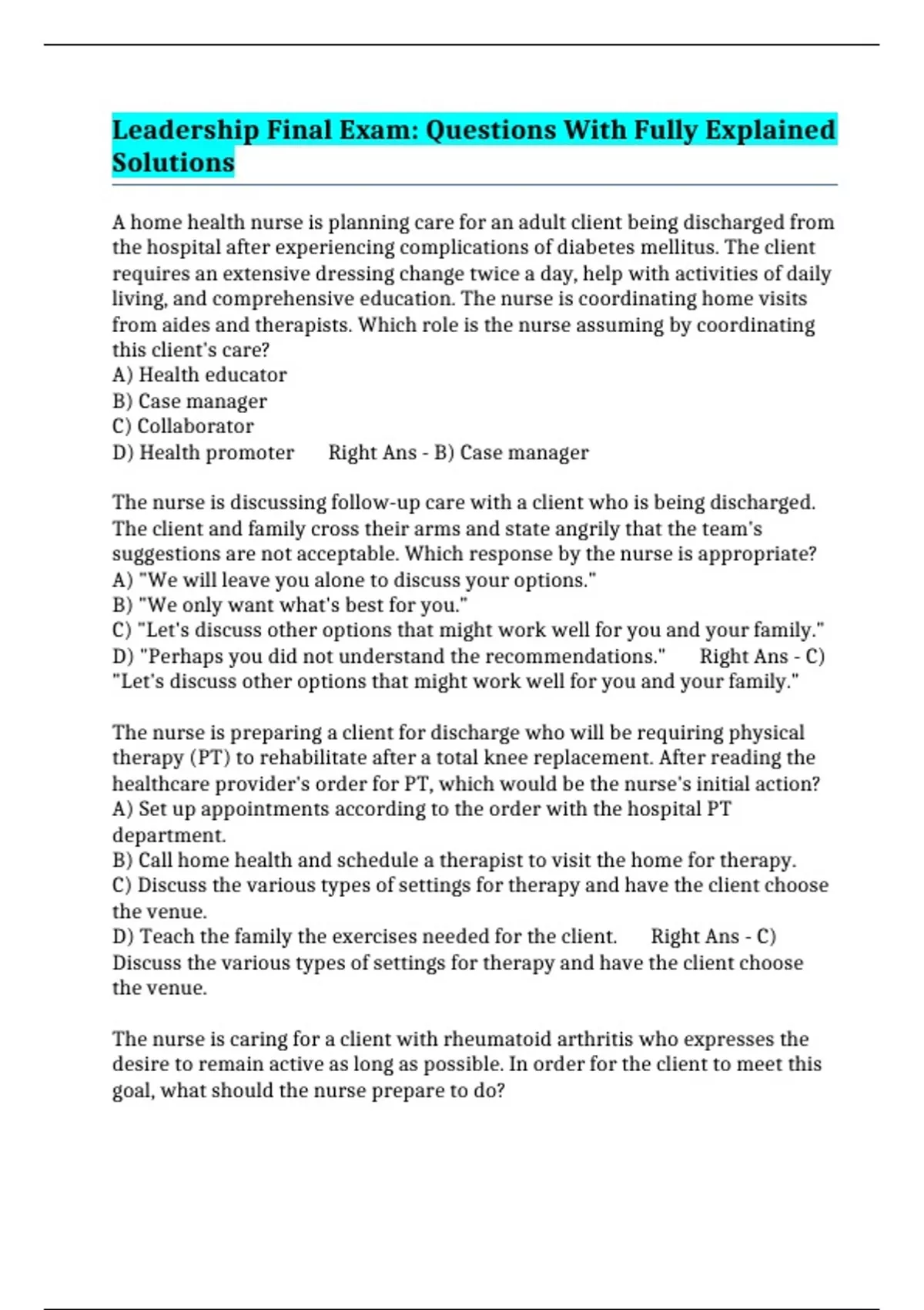 Fully Explained Leadership Final Exam: Questions With Fully Explained Solutions ...