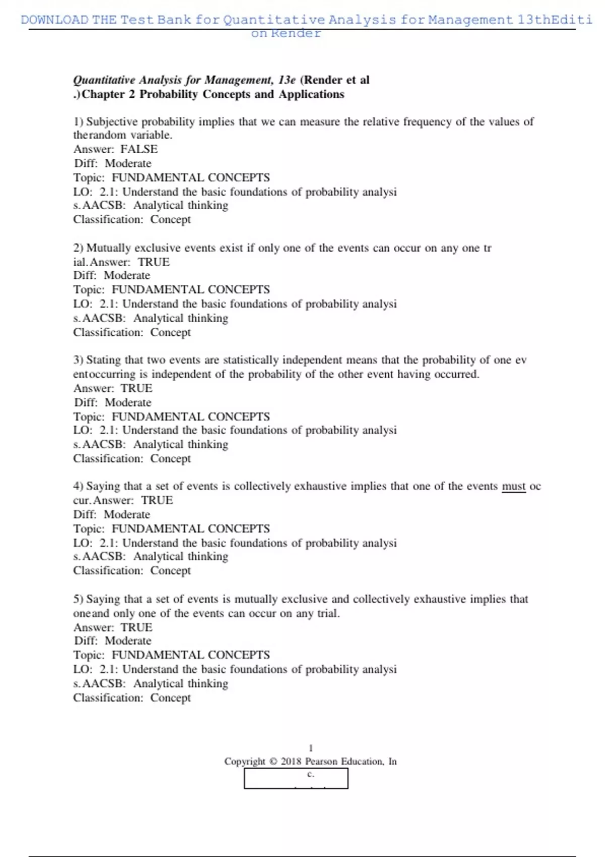 Test Bank for Quantitative Analysis for Management 13th Edition Render ...