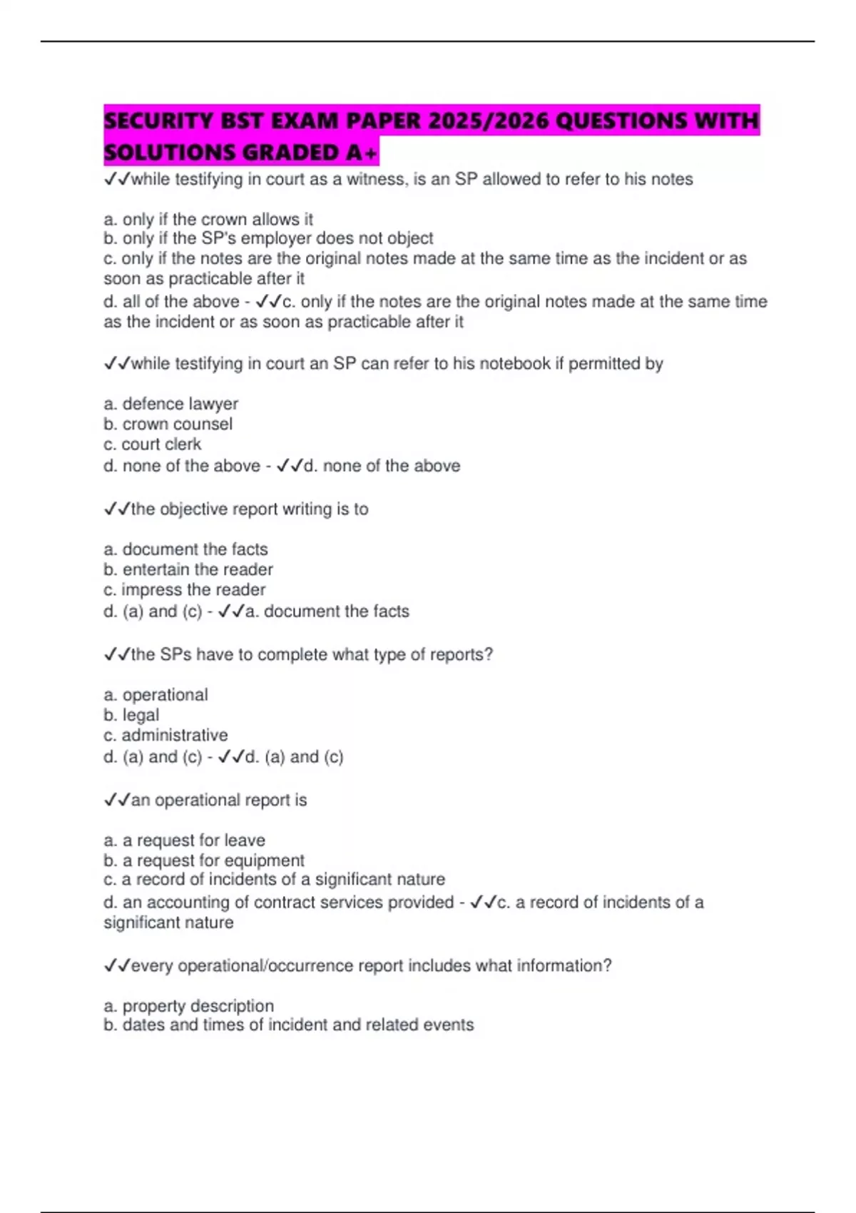 SECURITY BST EXAM PAPER 2025/2026 QUESTIONS WITH SOLUTIONS GRADED A+ ...