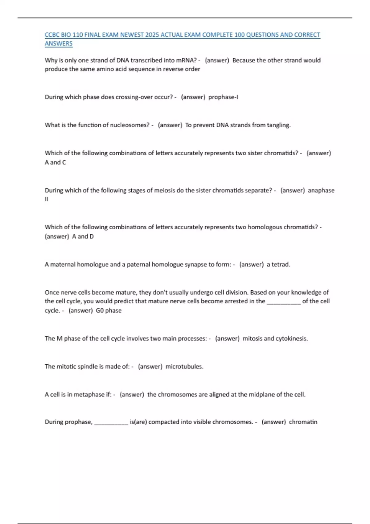 Ccbc Course CCBC BIO 110 FINAL EXAM NEWEST 2025 ACTUAL EXAM COMPLETE 100 QUESTIONS ...