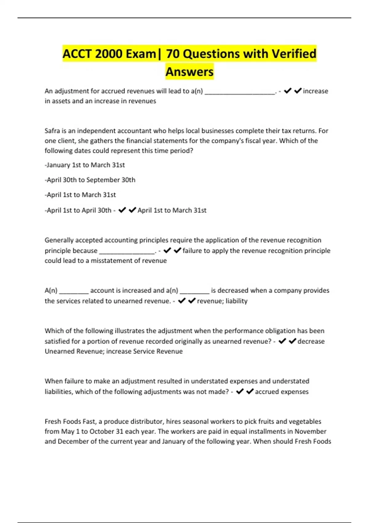 Acc 2000 ACCT 2000 Exam| 70 Questions with Verified Answers - ACCT 2000 - Stuvia US