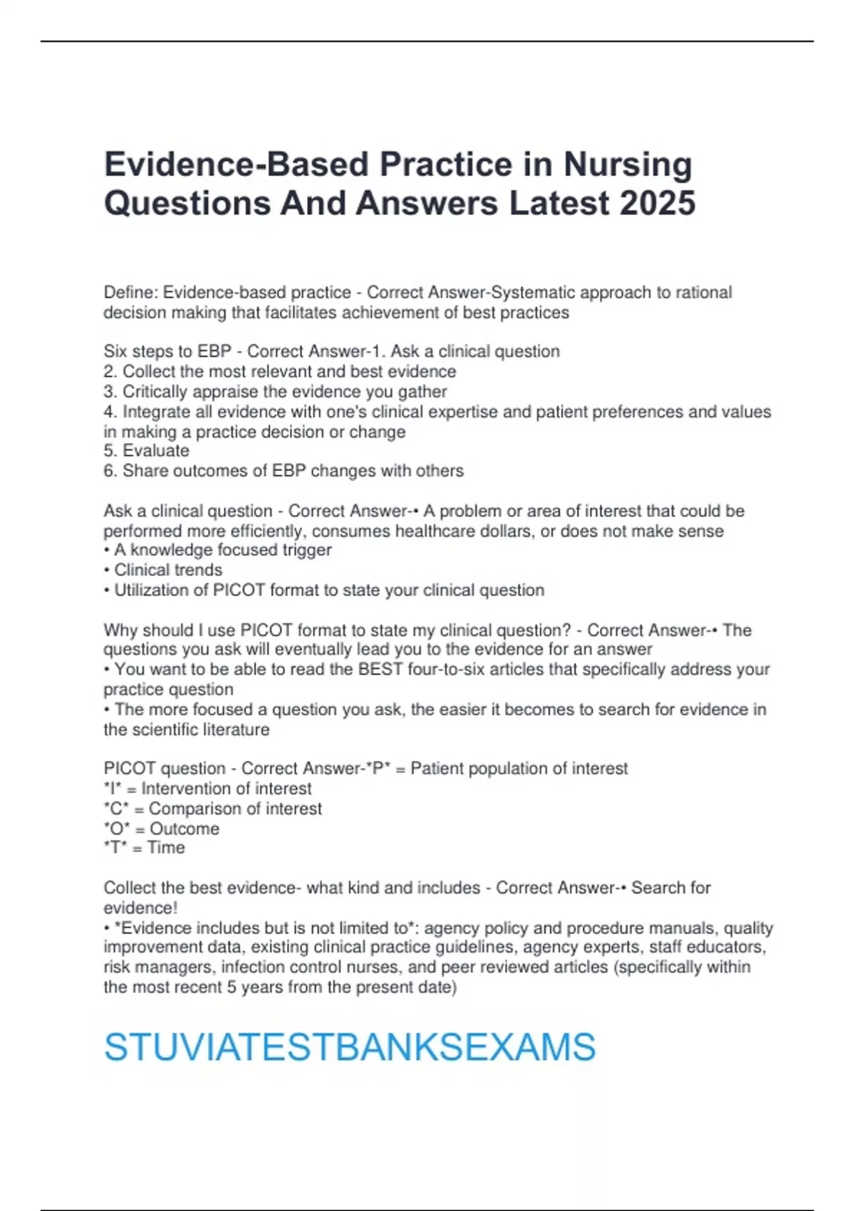 Evidence-Based Practice in Nursing Questions And Answers Latest 2025 ...