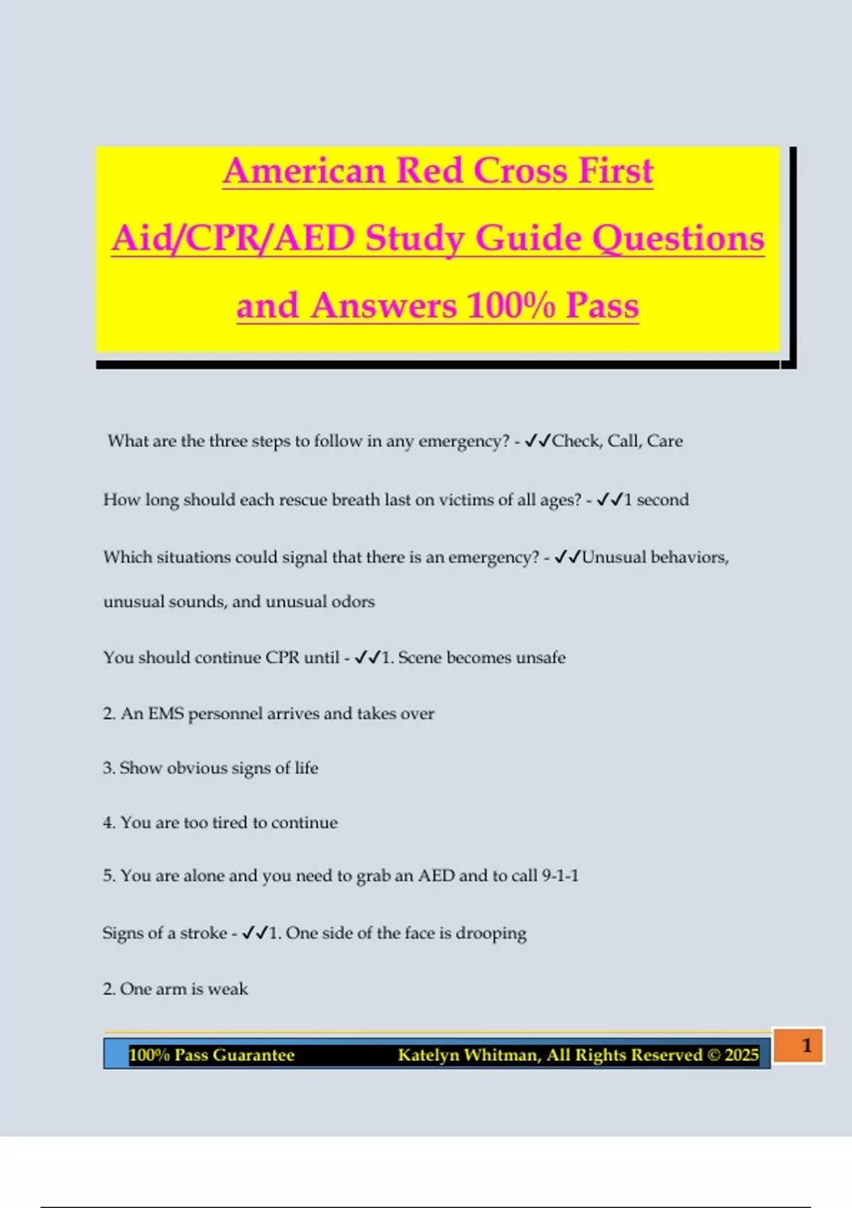 American Red Cross First Aid/CPR/AED Study Guide Questions and Answers ...