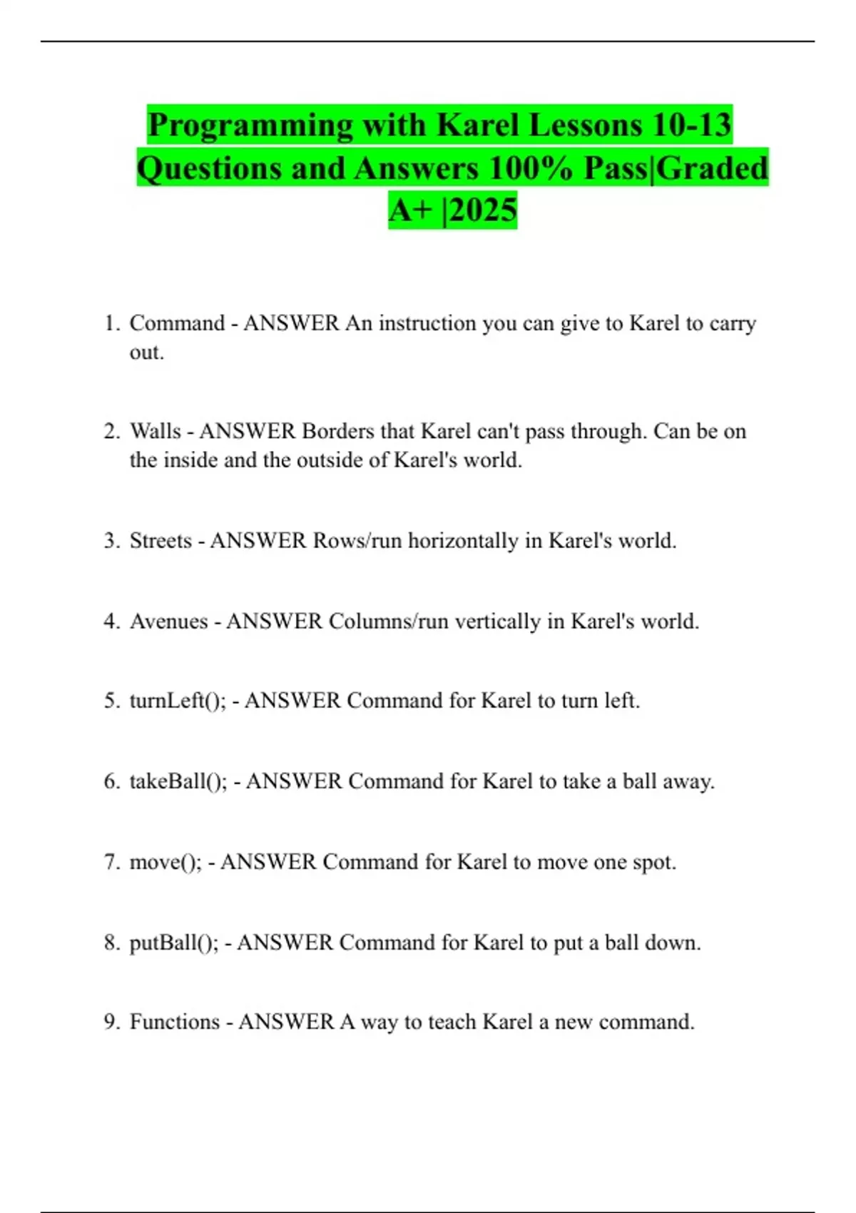Programming with Karel Lessons 10-13 Questions and Answers 100% Pass ...