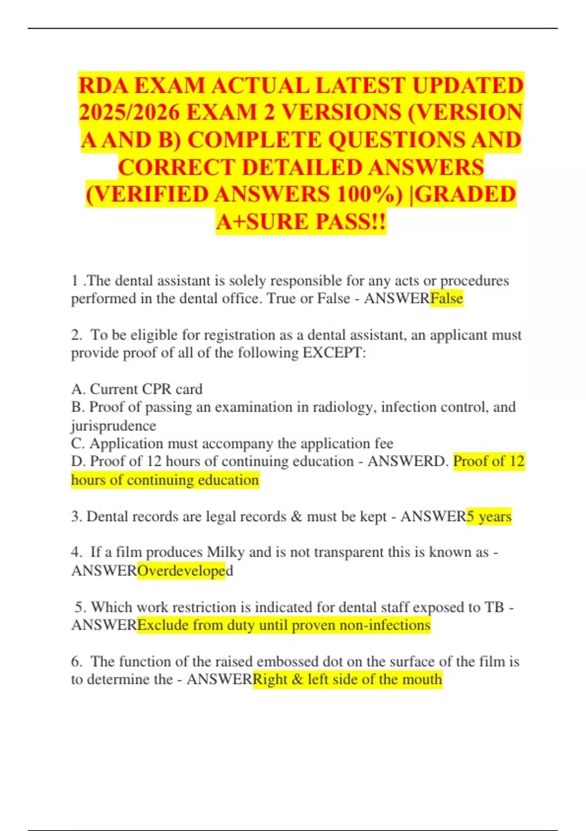 RDA EXAM ACTUAL LATEST UPDATED 2025/2026 EXAM 2 VERSIONS (VERSION A AND ...