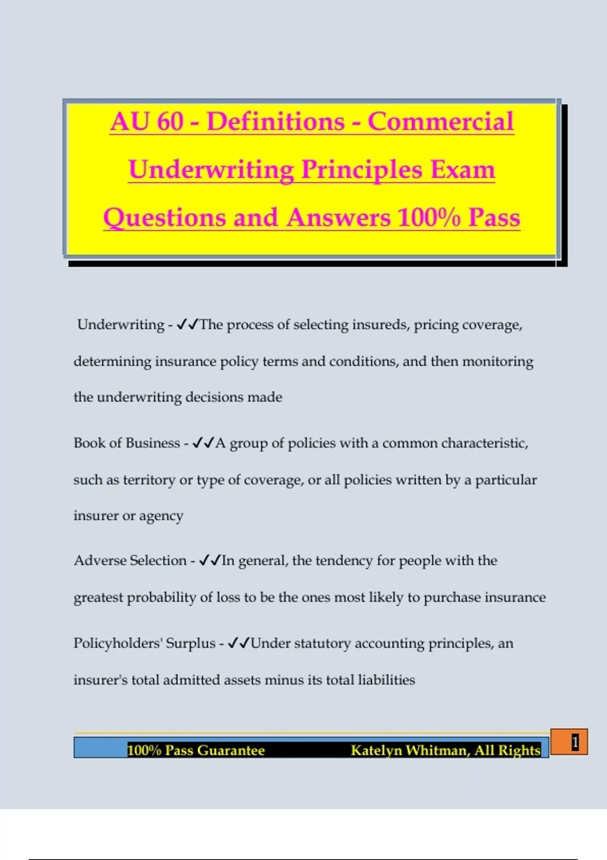 AU 60 - Definitions - Commercial Underwriting Principles Exam Questions ...