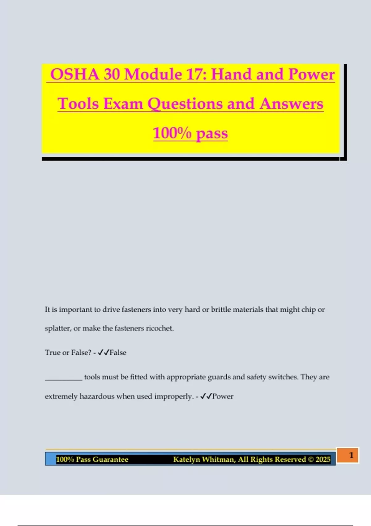 OSHA 30 Module 17: Hand and Power Tools Exam Questions and Answers 100% ...