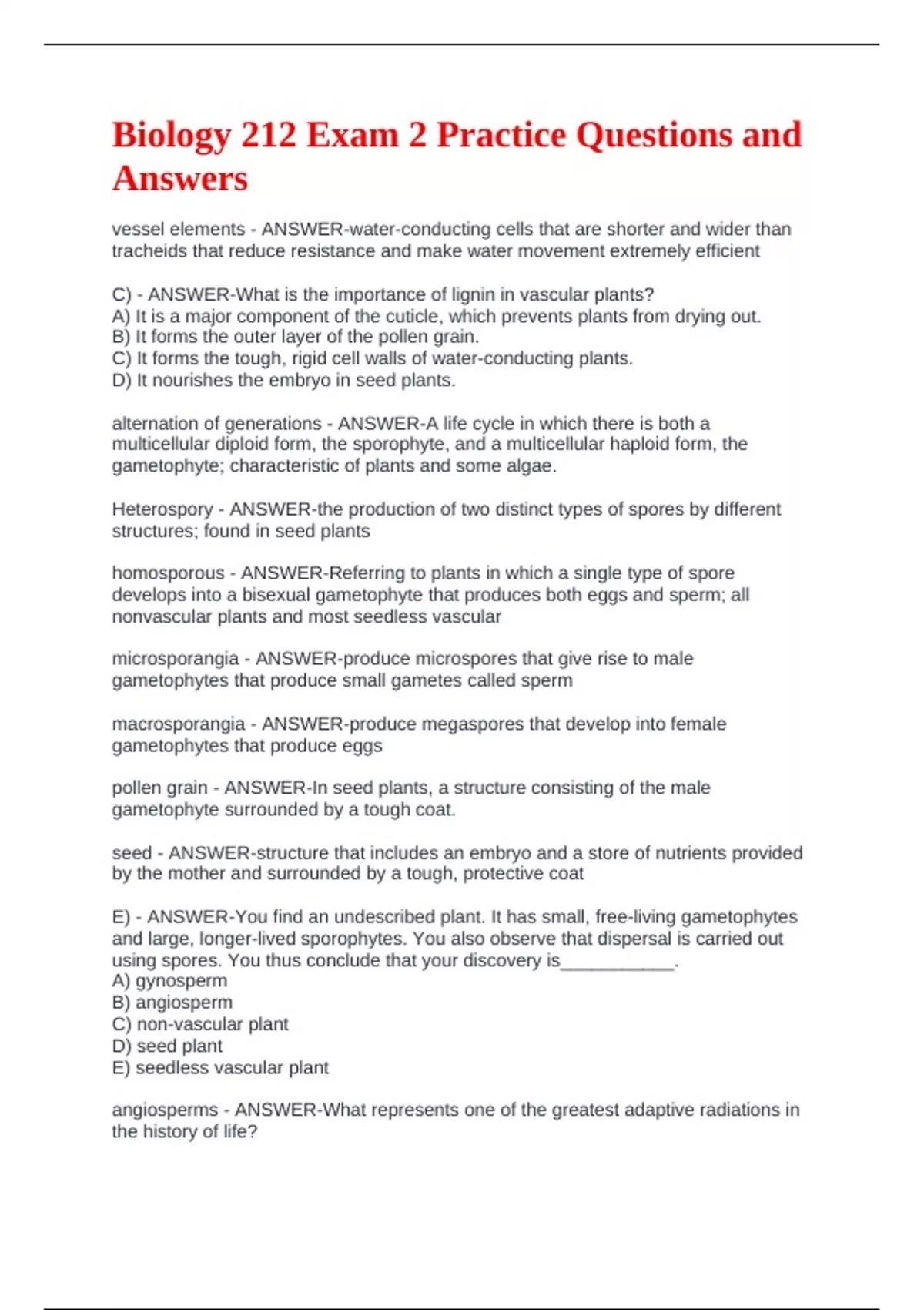 Biology 212 Exam 2 Practice Questions and Answers - BIO 212 - Stuvia US