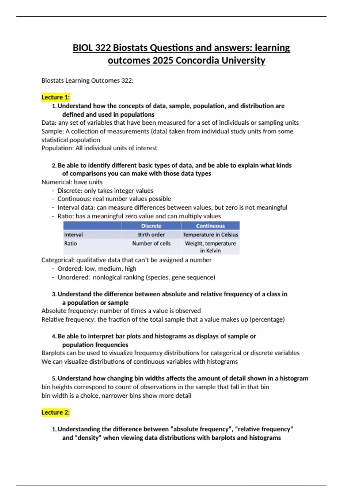 Bio Stats Ii Examples BIOL 322 Biostats Questions and answers: learning outcomes 2025 ...