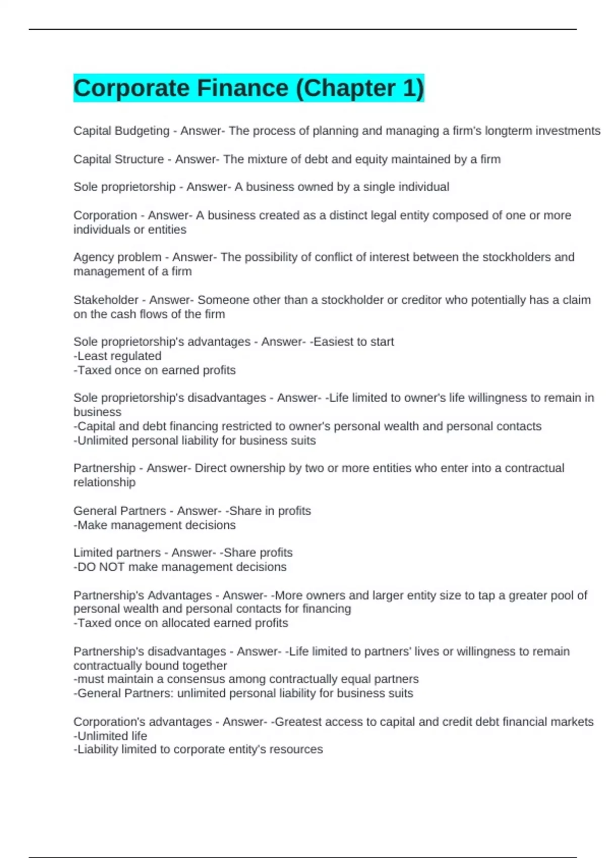 Corporate Finance (Chapter 1) Exam Questions and Answers - Corporate ...