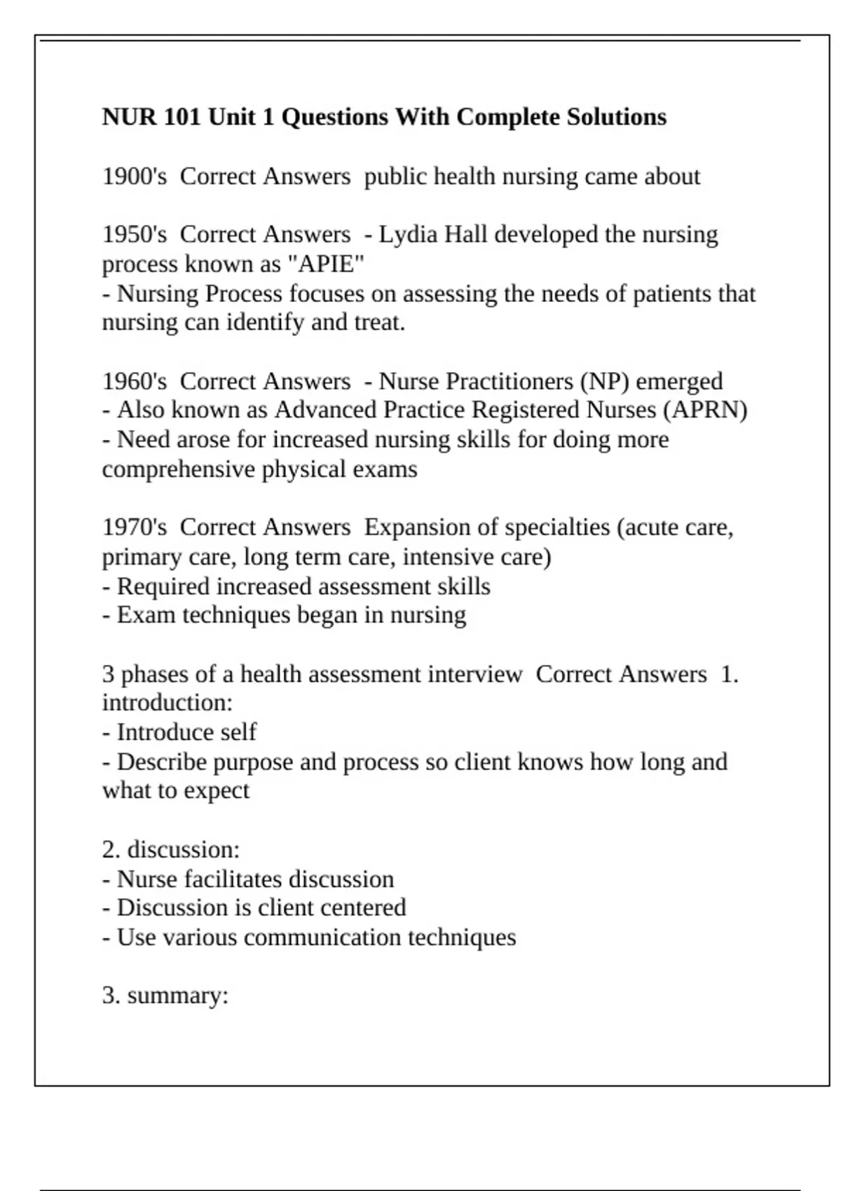 NUR 101 Unit 1 Questions With Complete Solutions - NUR 101 - Stuvia US