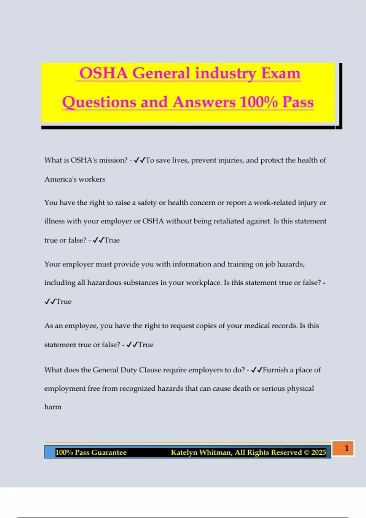 OSHA General industry Exam Questions and Answers 100% Pass - OSHA 10 ...