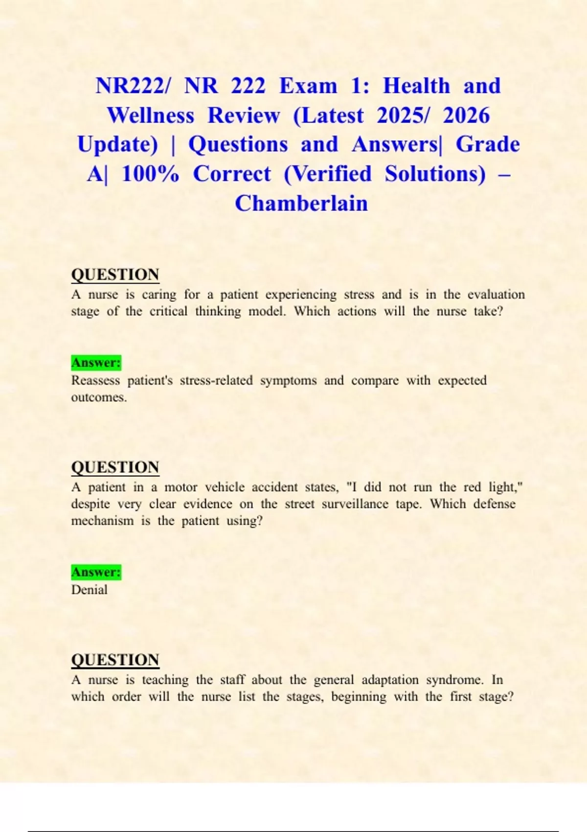 NR222/ NR 222 Exam 1: Health and Wellness Review (Latest 2025/ 2026 ...
