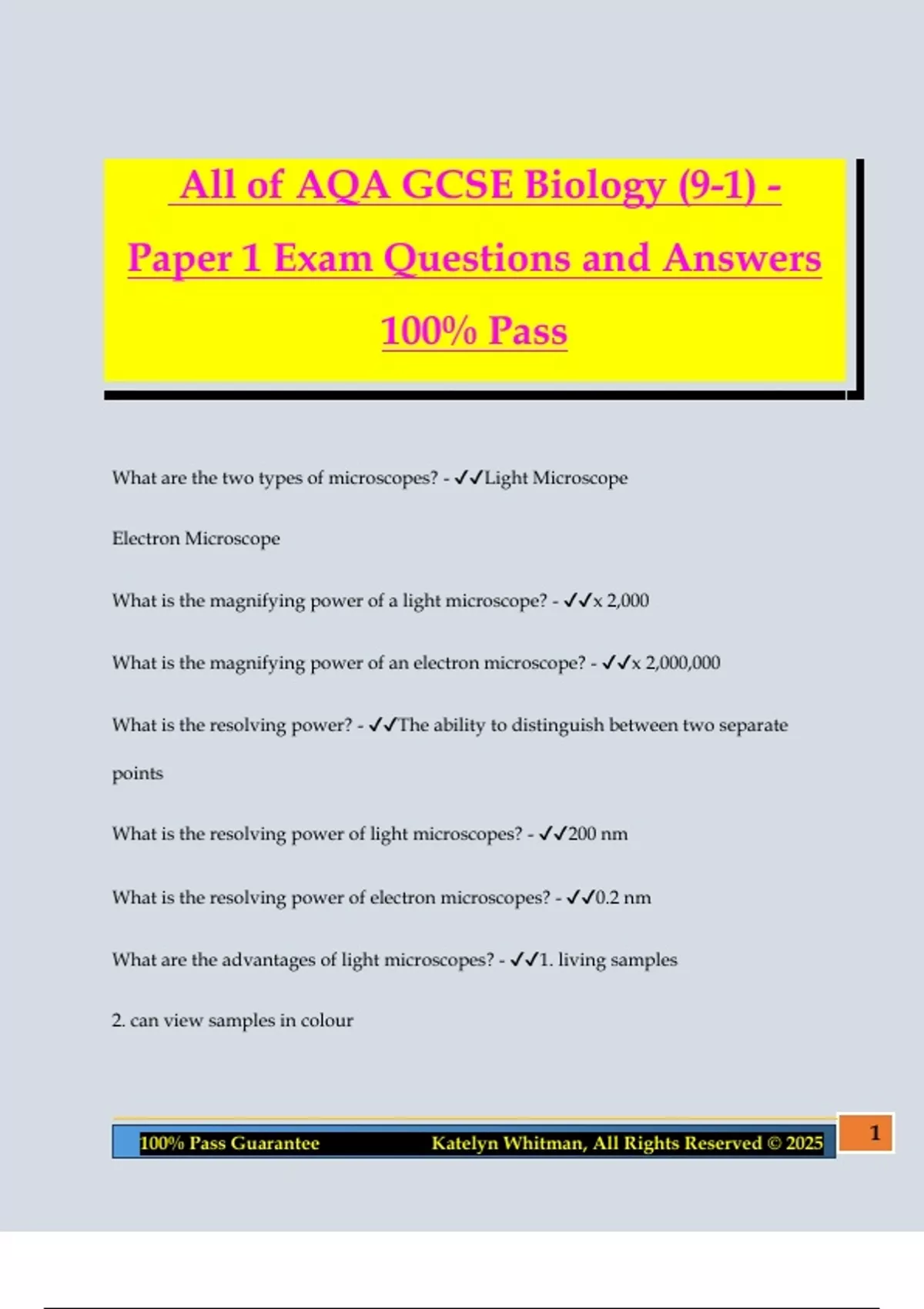 All of AQA GCSE Biology (9-1) - Paper 1 Exam Questions and Answers 100% ...