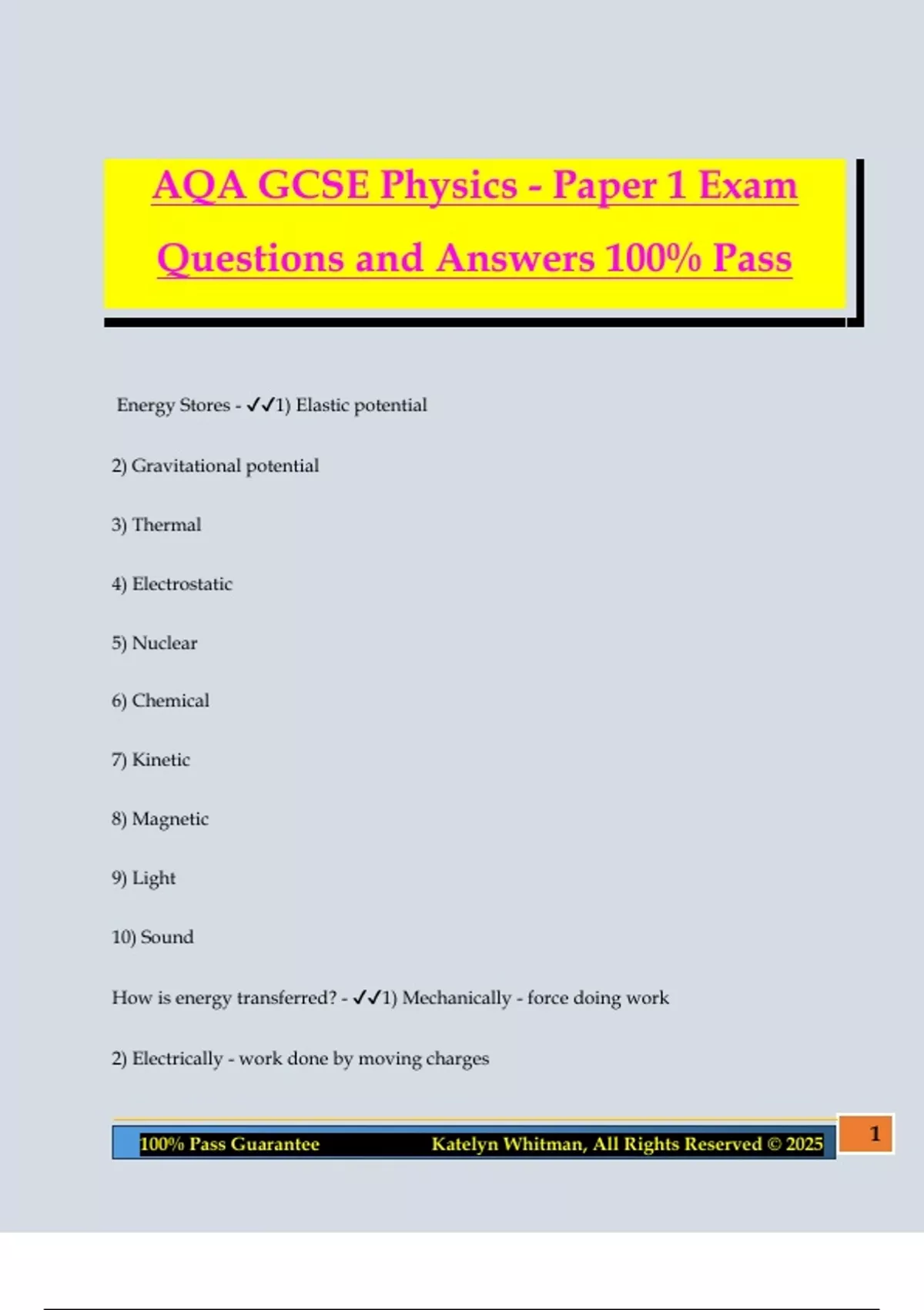 AQA GCSE Physics - Paper 1 Exam Questions and Answers 100% Pass - AQA ...