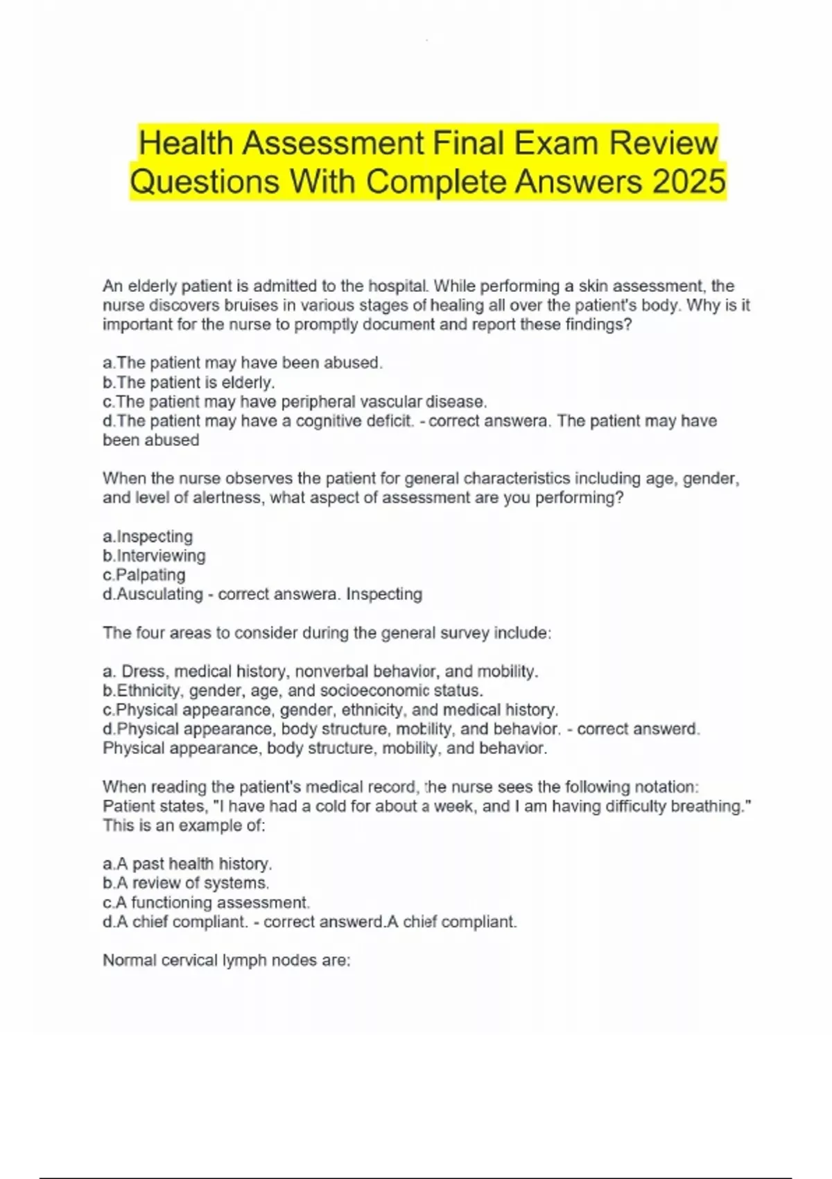 Health Assessment Final Exam Review Questions With Complete Answers ...