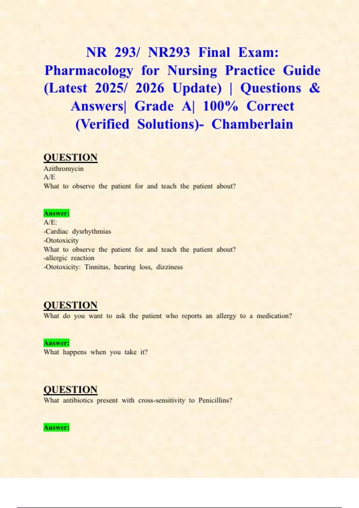 NR 293/ NR293 Final Exam: Pharmacology for Nursing Practice Guide ...