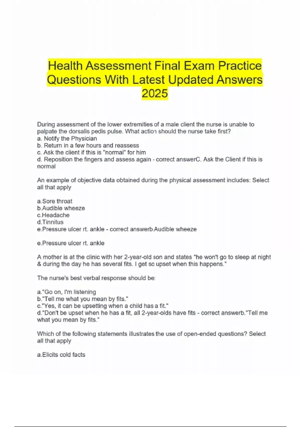 Health Assessment Final Exam Practice Questions With Latest Updated ...