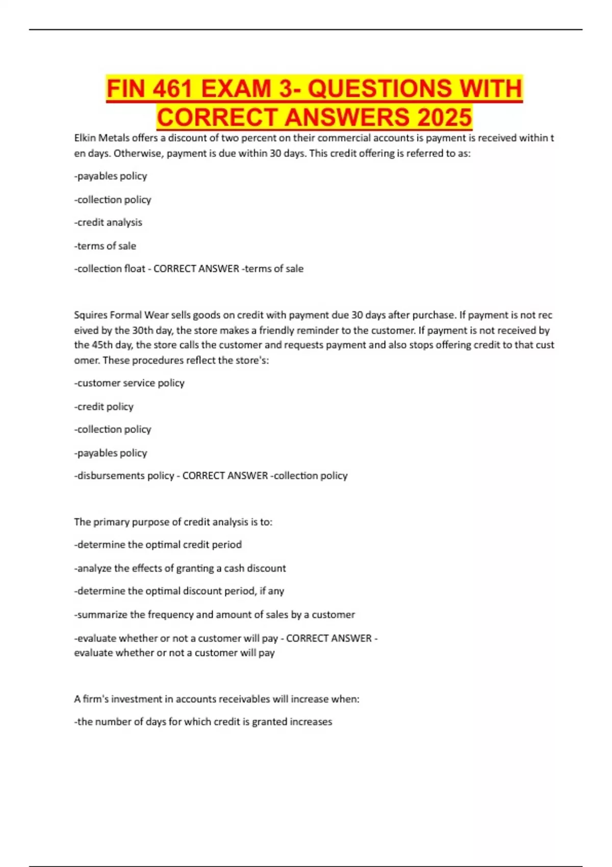 FIN 461 EXAM 3- QUESTIONS WITH CORRECT ANSWERS 2025 - FIN 461 - Stuvia US