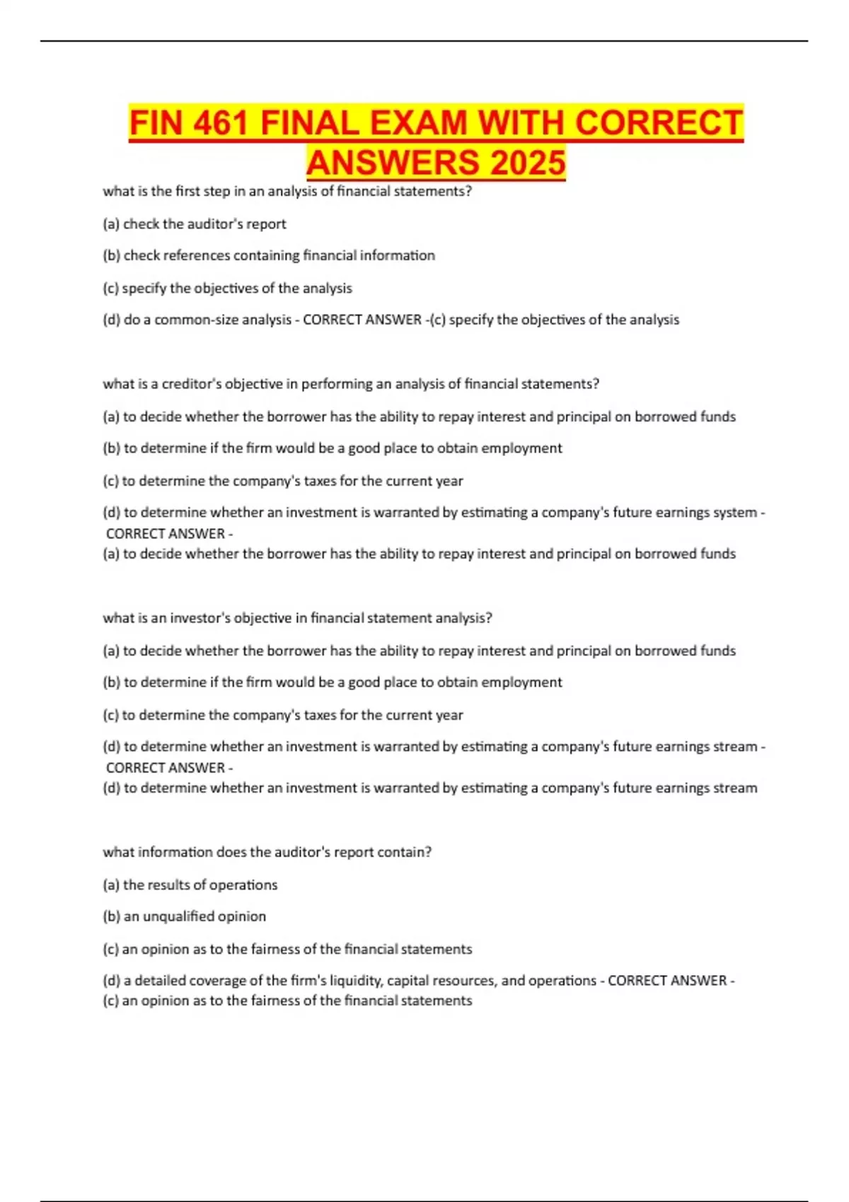 FIN 461 FINAL EXAM WITH CORRECT ANSWERS 2025 - FIN 461 - Stuvia US