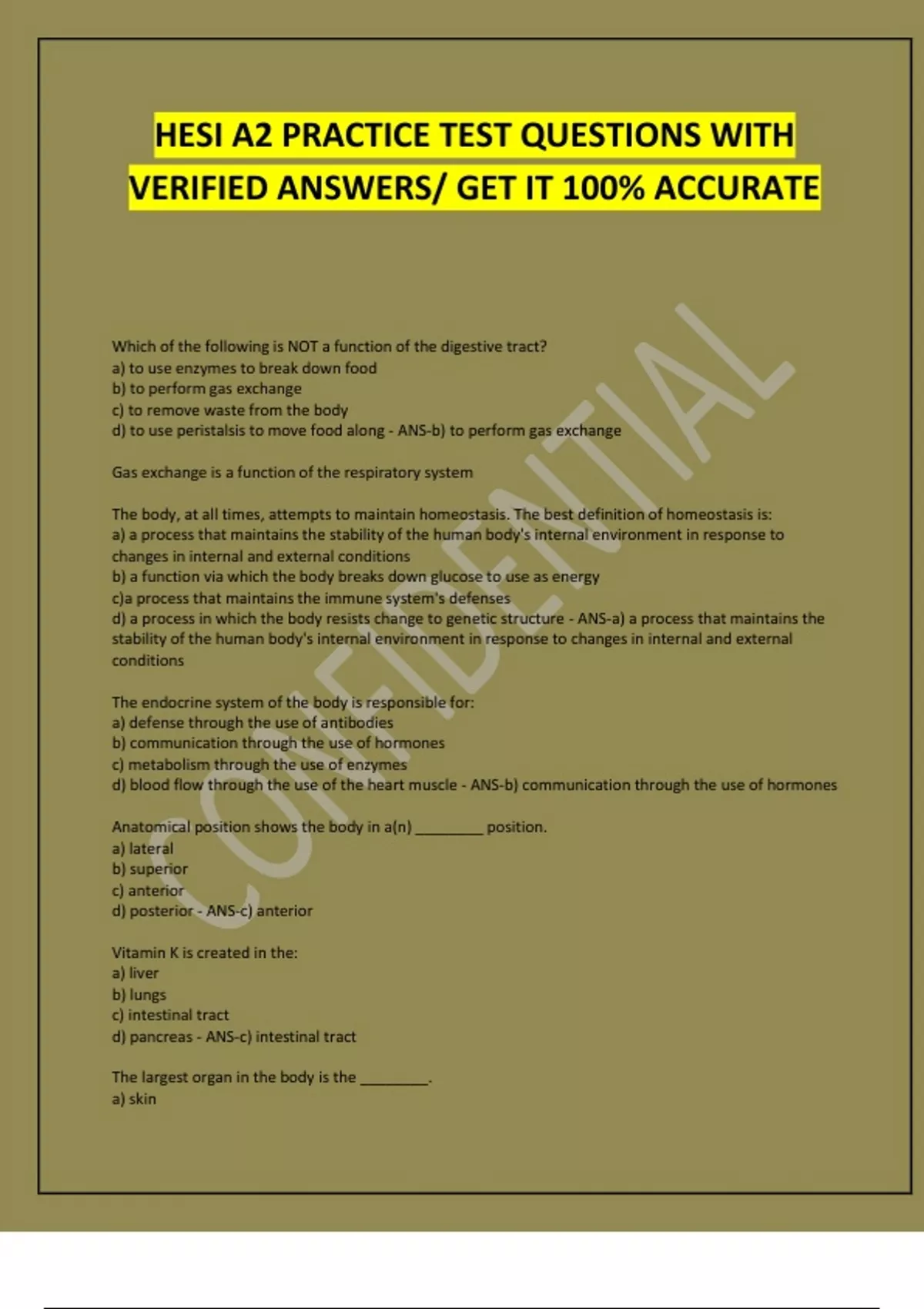 HESI A2 PRACTICE TEST QUESTIONS WITH VERIFIED ANSWERS; GET IT 100% ...