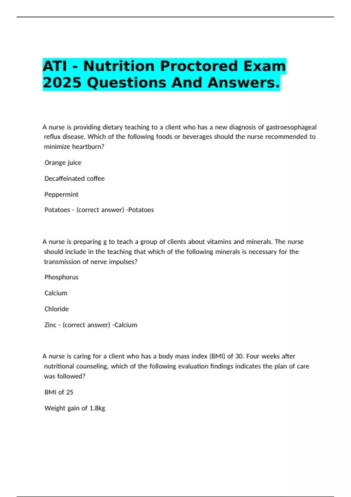 ATI - Nutrition Proctored Exam 2025 Questions And Answers. - ATI ...