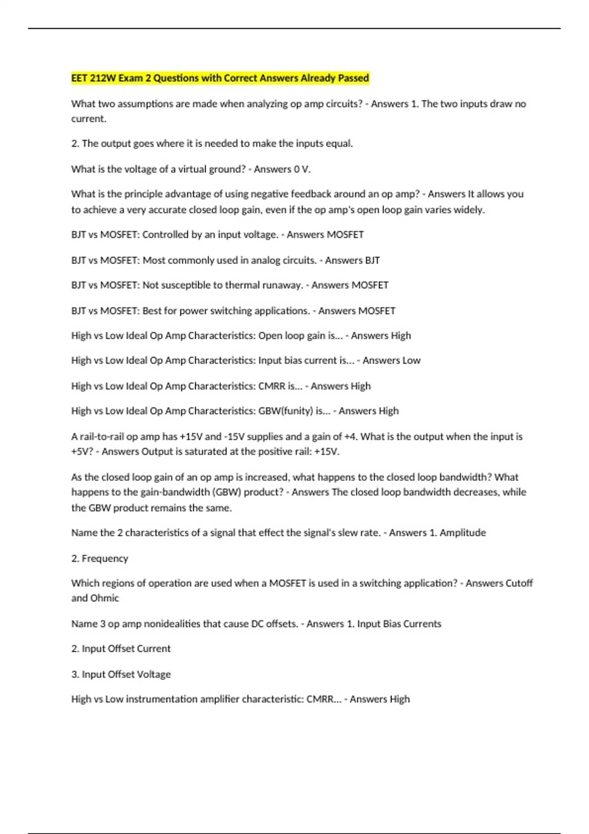 EET 212W Exam 2 Questions with Correct Answers Already Passed - EET ...
