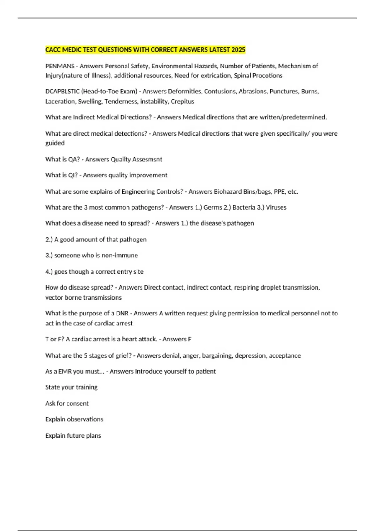 Dcapblstic CACC MEDIC TEST QUESTIONS WITH CORRECT ANSWERS LATEST 2025 - CACC MEDIC ...