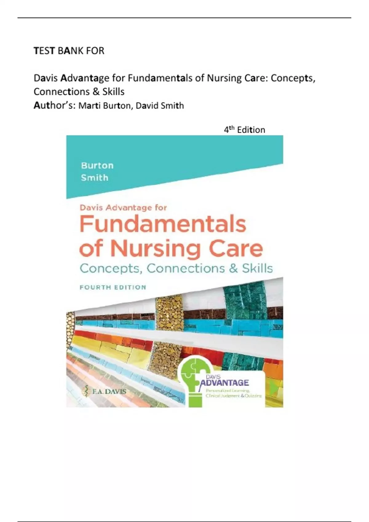 Test Bank - Davis Advantage for Fundamentals of Nursing Care: Concepts ...